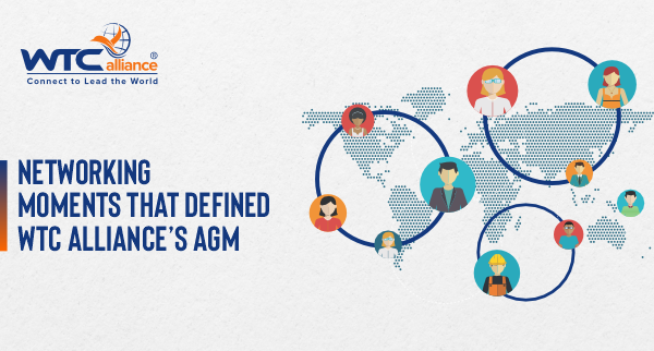 The design showcases a stylized world map with interconnected circular nodes containing diverse professional avatars, symbolizing global collaboration and relationship-building among alliance members during their Annual General Meeting.